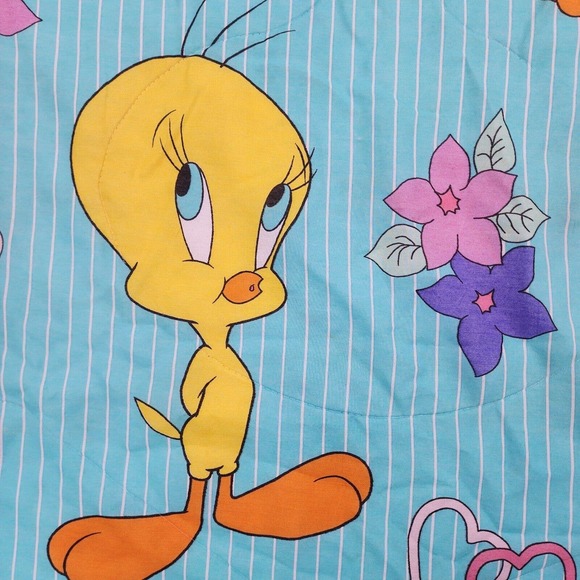 Looney Tunes Comforter Tweety Bird REVERSIBLE Vintage Blanket Teal Pink Hearts - Picture 7 of 10